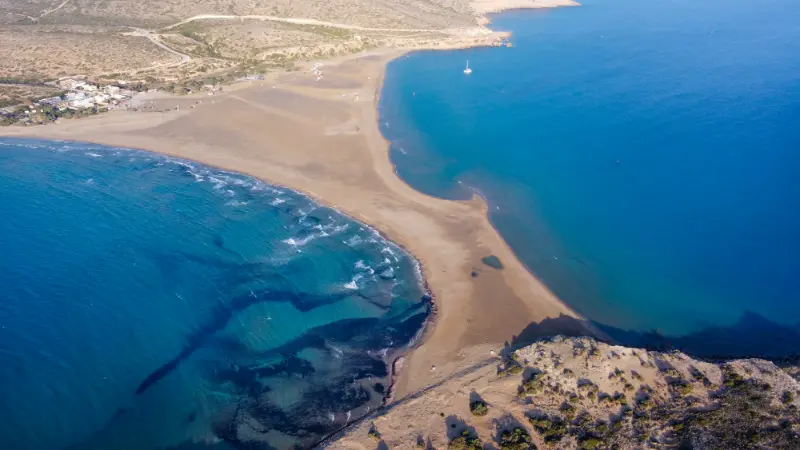 Aerial Birds Eye View Drone Prasonisi Rhodes Island Dodecanese Greece Panorama With Lagoon Sand Beach Clear Blue Water