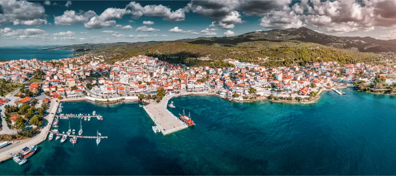 Aerial Panorama Scenic Resort Town Neos Marmaras With Yacht Marina Sea Port Halkidiki Sithonia Attractions Greece