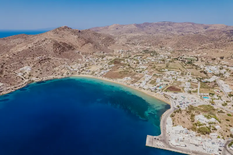 Aerial View Beach Resort Town Nea Chora Ios Island Greece