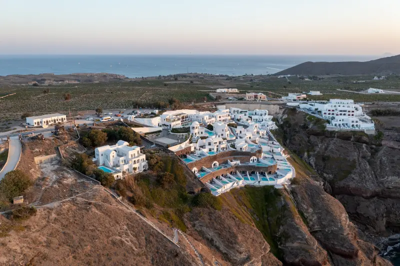 Aerial View Coast Santorini Greece From Akrotiri Sunset