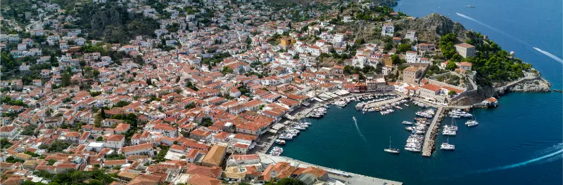 Aerial View Hydra Island Greece With Boats Port
