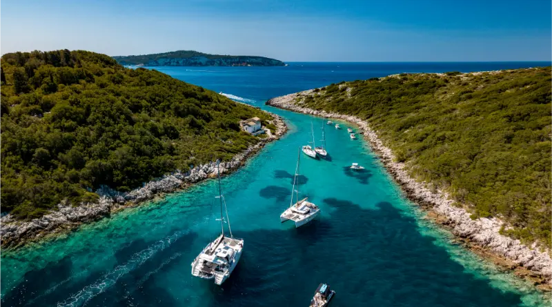 Aerial View Sailing Boats Turquoise Sea Paxos Greece