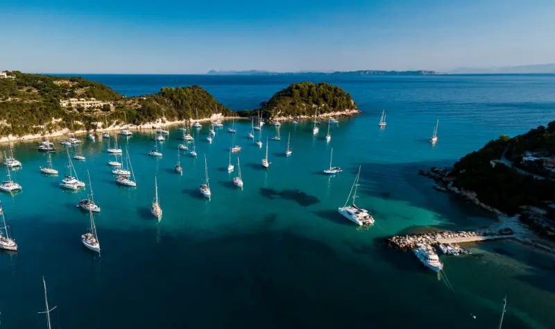 Aerial View Sailing Boats Turquoise Sea Paxos Greece
