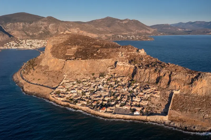 Ancient City Monemvasia Fortress Wall Shore Big Island Sunrise Peloponnese Greece