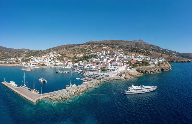 Andros Island Batsi Village Cyclades Greece Aerial Drone View Port Breakwater Yacht Sea Sky