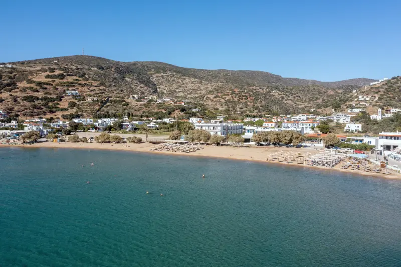 Andros Island Batsi Village Cyclades Greece Aerial Drone View Sandy Beach Sea Water Blue Sky
