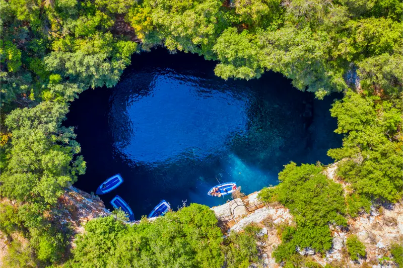 Attraction Aerial Drone View Iconic Cave With Melissani Lake Near Sami Village Kefalonia Island Greece