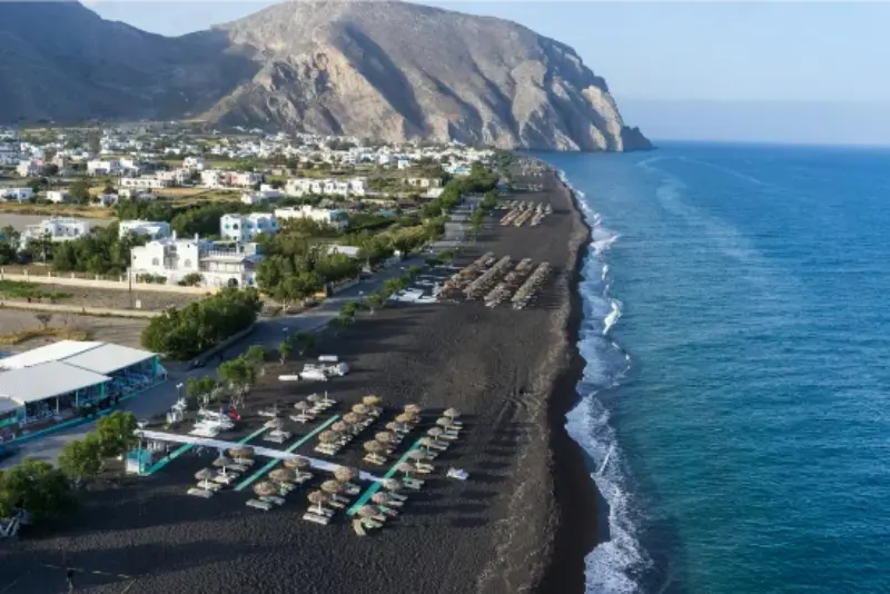 Beach Of Perissa At Santorini Greece