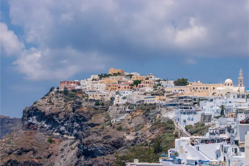 Blue Domed Churches Whitewashed Houses Oia Santorini Greece Overlooking Aegean Sea Caldera