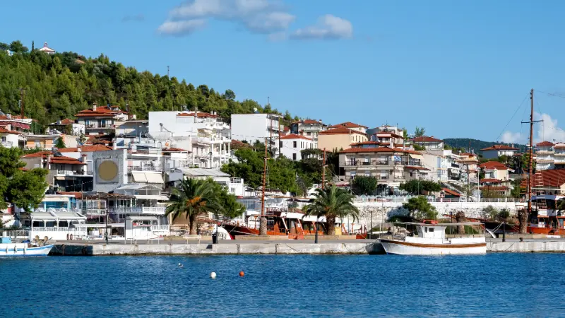 Buildings Hill With Multiple Greenery Pier With Moored Boats Foreground Neos Marmaras Greece