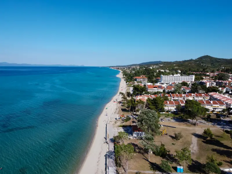Chalkidiki Greece Coastal Village Landscape Drone Shot Hanioti Seafront Kassandra Peninsula