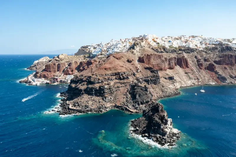Charming View Oia Village Santorini Island Greece Traditional Blue Dome Church Caldera Aegean Sea Traditional Blue White Cyclades