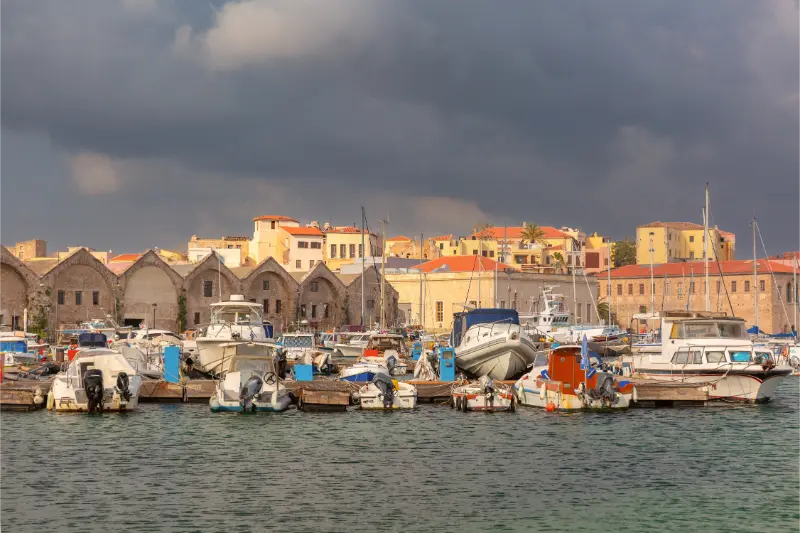Docked Sailing Yachts Venetian Harbor Chania Crete Greece With Cloudy Sky