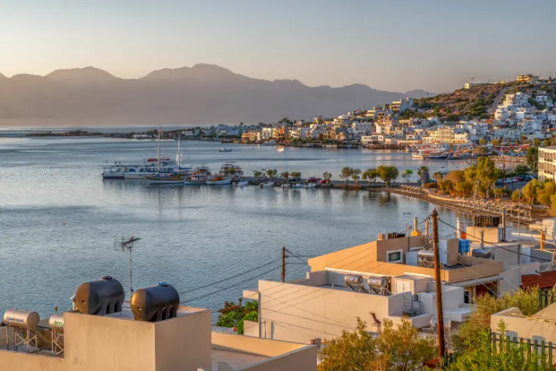 Elounda Harbor Coastal Town Sunset Crete Greece