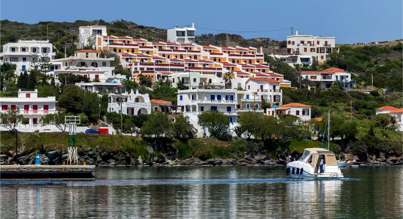 Embankment City Batsi With Moored Fishing Ships Andros Island Cyclades Greece