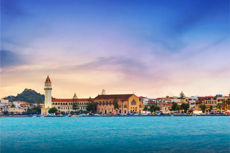 Evening Sunset Panorama Town Hall Saint Dionysios Church Zakynthos City Ionian Sea Zakynthos Island Greece