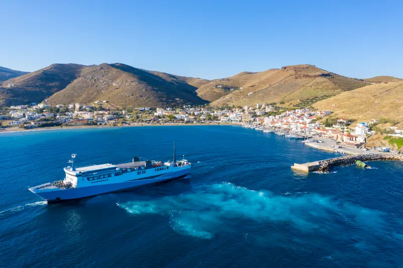 Ferry Boat Leaving Kea Tzia Island Port Greece Aerial Drone View