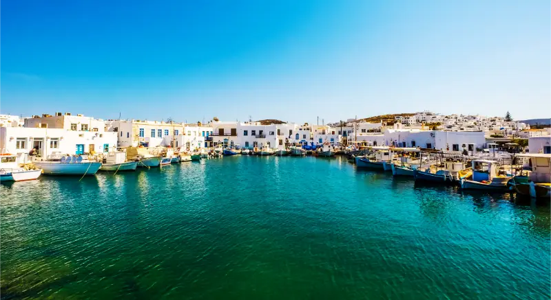 Fishboats Yachts Moored Naoussa Port Paros Island Greece View Dock Boats Yachts Bright