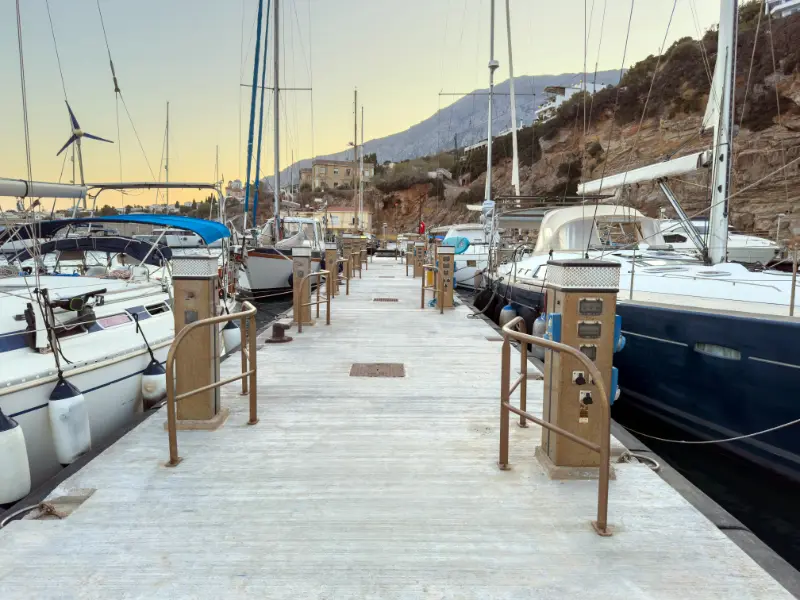 Floating Marine Platform Sailboats Agios Kirikos Marina Warm Evening Light Ikaria Island Greece
