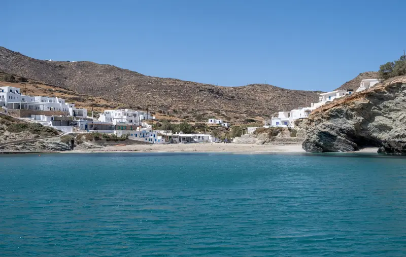 Folegandros Sandy Beach Agkali White Buildings Blue Sky Cyclades Greece