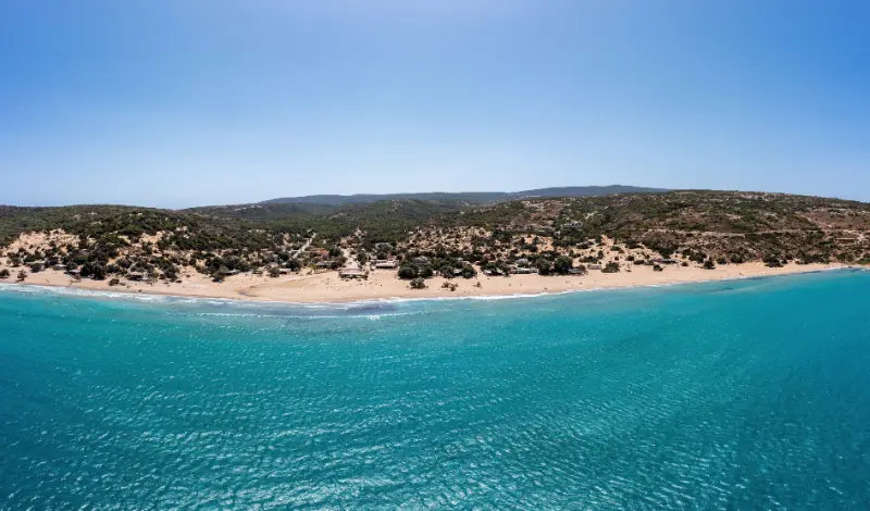 Gavdos Island Crete Greece Aerial Drone Panoramic View Sandy Beach Turquoise Ripple Sea Water
