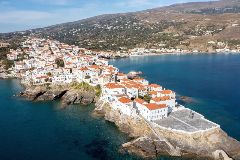 Greece Andros Island Chora Town Aerial View Traditional Buildings Cape