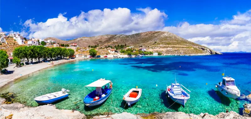 Greece Kalymnos Island Charming Vlichadia Village Beach With Crystal Sea