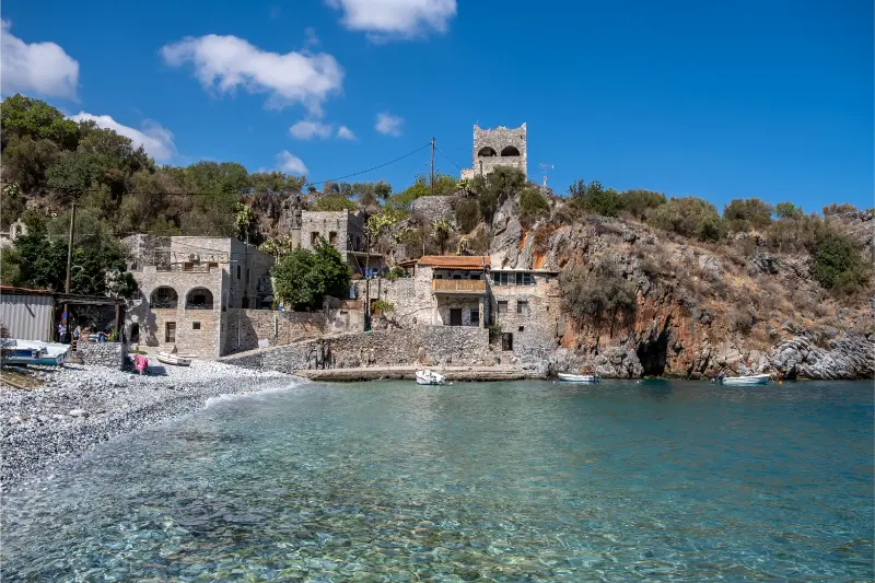 Greece Rocky Beach Moored Boat Calm Sea Mani Laconia Peloponnese Crystal Clear Water
