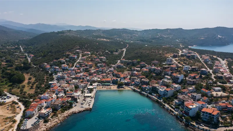 High Aerial View Skala Marion Beach Thassos Island Greece