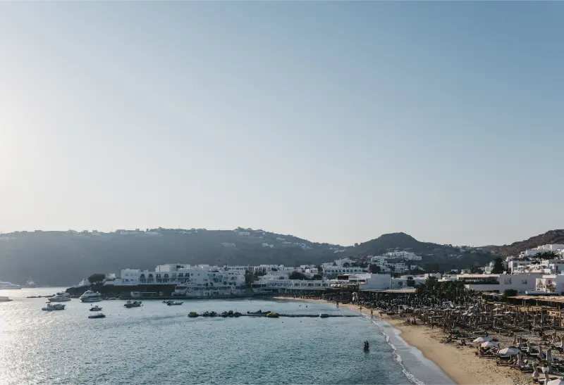 High Angle View Platis Gialos Beach Coast Mykonos Greece