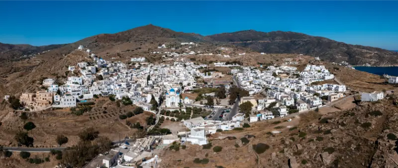 Ios Island Greece Cyclades Panoramic Aerial Drone View Chora Town