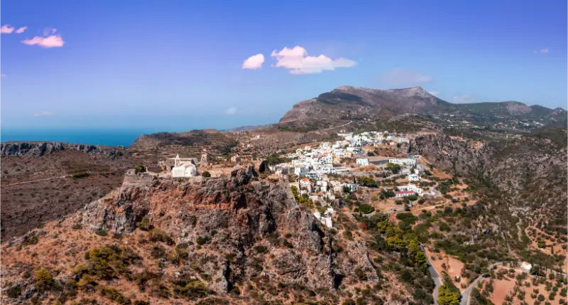 Kythira Island Greece Aerial View Chora Town Buildings Venetian Castle Rocky Landscape
