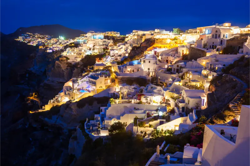 Oia Town Aerial Panoramic View Sunset Oia Ia Small Town Santorini Island Cyclades Greece