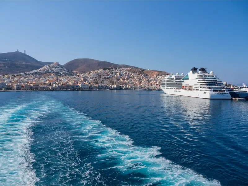 Panoramic View Ermoupolis City Syros Island With Ferries Cruise Liners Greece