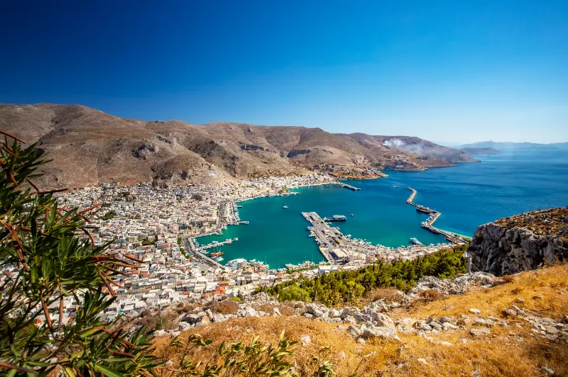 Panoramic View Kalymnos Island Greece Town Harbor Mountains