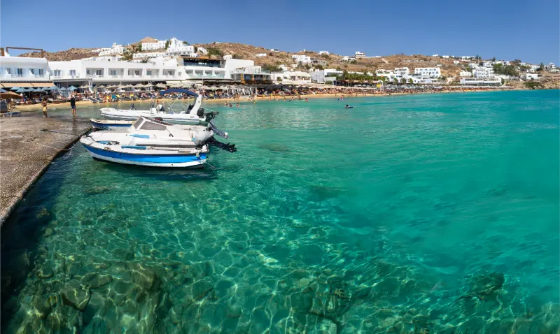 Panoramic View Platis Gialos Beach Island Mykonos Greece