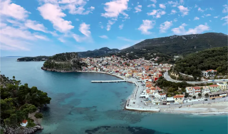 Parga Epirus Greece Aerial Drone View Waterfront Ionian City Coastal Road Transparent Sea