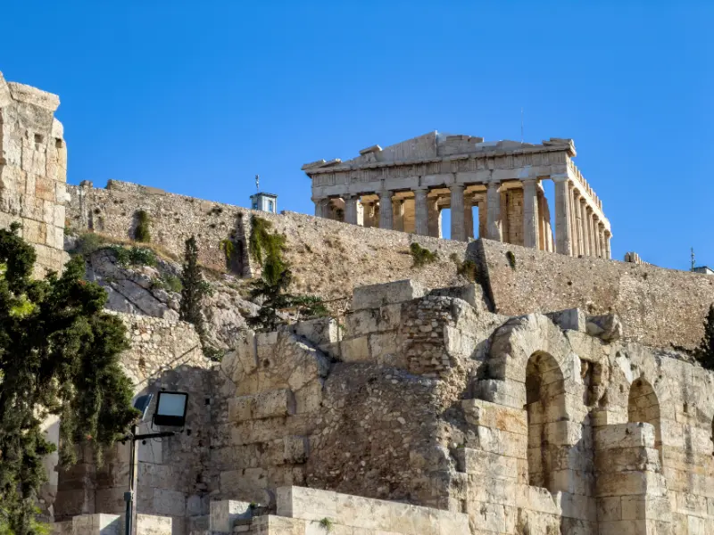 Parthenon Herodeion Arches Acropolis Hill Athens Greece Ancient Stone Walls Arcades Blue Sky