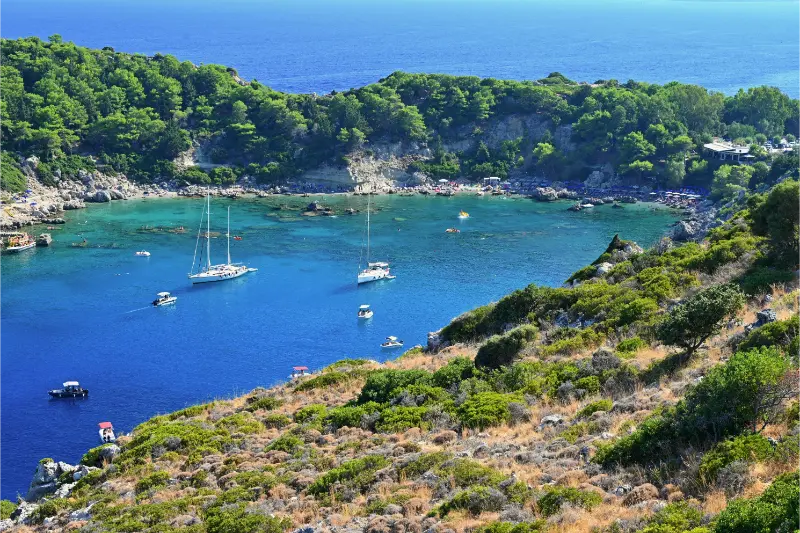 Peaceful Seaside Scenery Rhodes Island Greece Clear Water Relaxing Atmosphere
