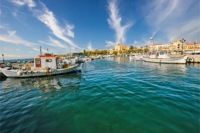 Picturesque Fishing Boats Port Aegina Town Greece