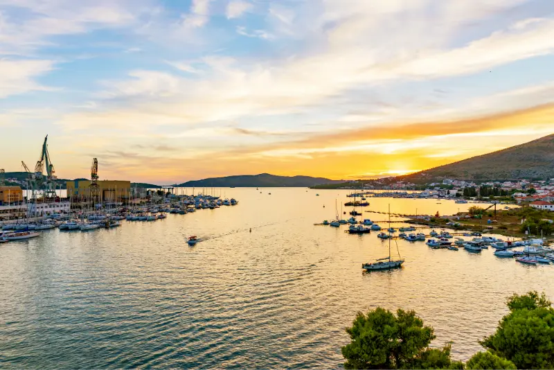Poros Greece Overview Town Poros Island Galatas Mainland Sunset