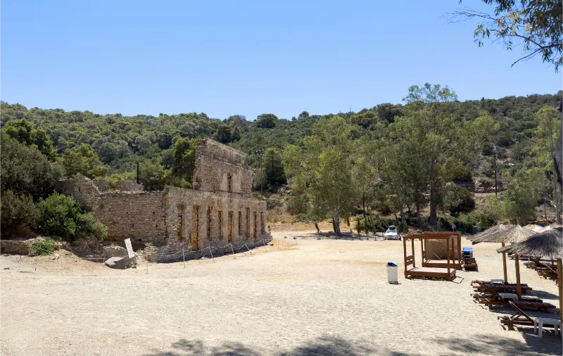 Russian Naval Dockyard Historic Stone Ruins Sandy Russian Bay Beach Poros Island Greece