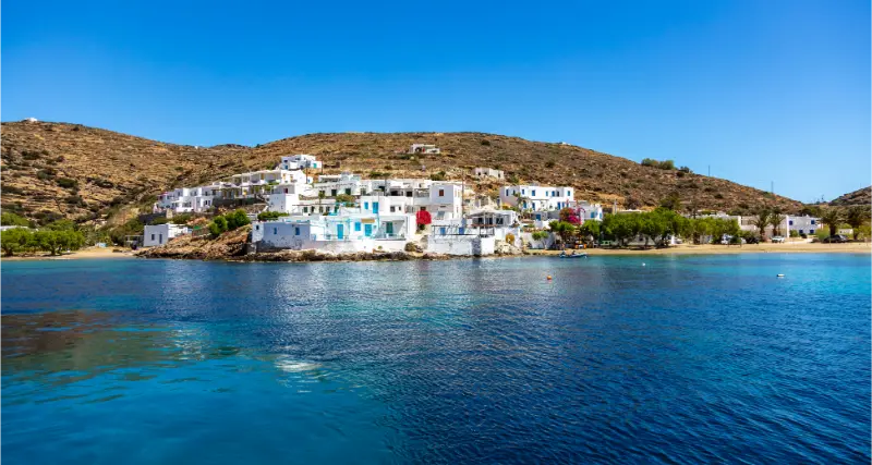 Sifnos Island Faros Village Cyclades Greece Blue Sky Turquoise Sea Sandy Beach