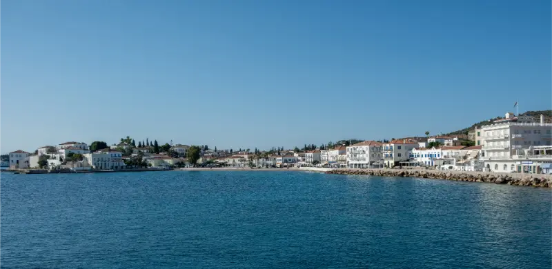 Spetses Island Greece Seafront Buildings View From Sea