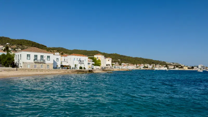 Spetses Island Greece Seafront Neoclassical Buildings Old Historic Town