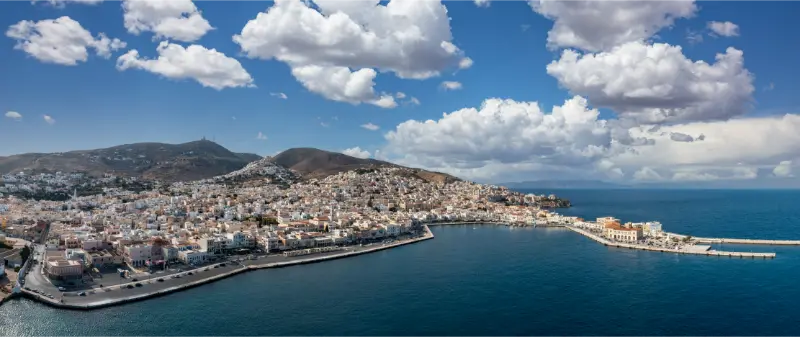 Syros Island Hermoupolis Cityscape Panorama Aerial Drone View Greece Cyclades