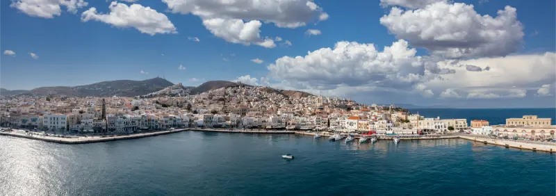 Syros Island Hermoupolis Cityscape Panorama Aerial Drone View Greece Cyclades