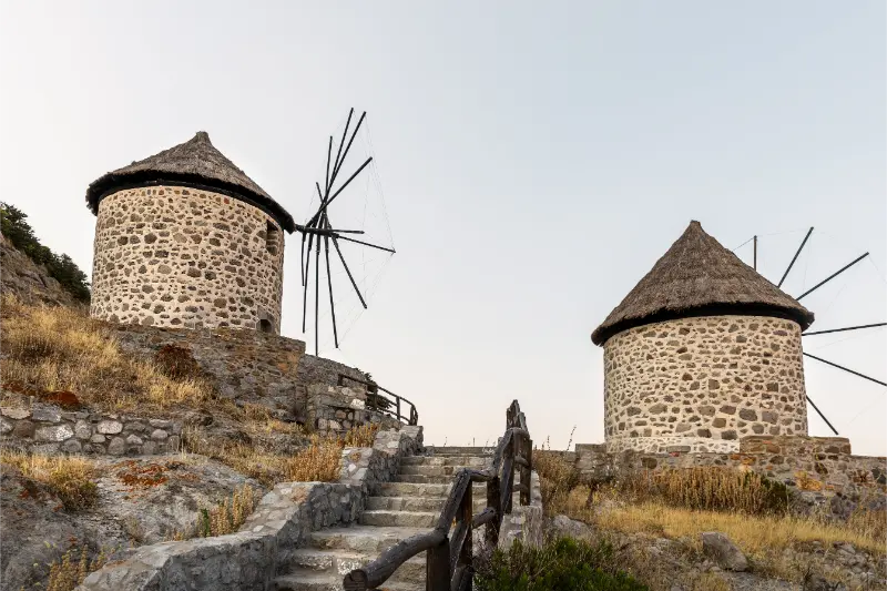 Traditional Windmills Near Kontias Village Lemnos Island Greece Aegean Sea Panoramic View