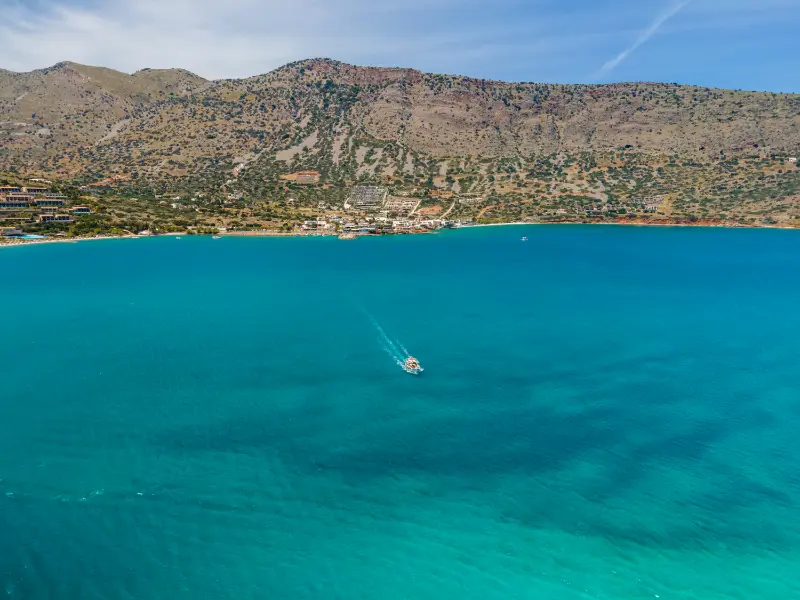 View Boat Mirabello Bay With Calm Sea Crete Greece