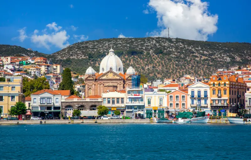 View Mytilene Seaside Port With Cathedral Agios Therapontas Lesvos Island Greece
